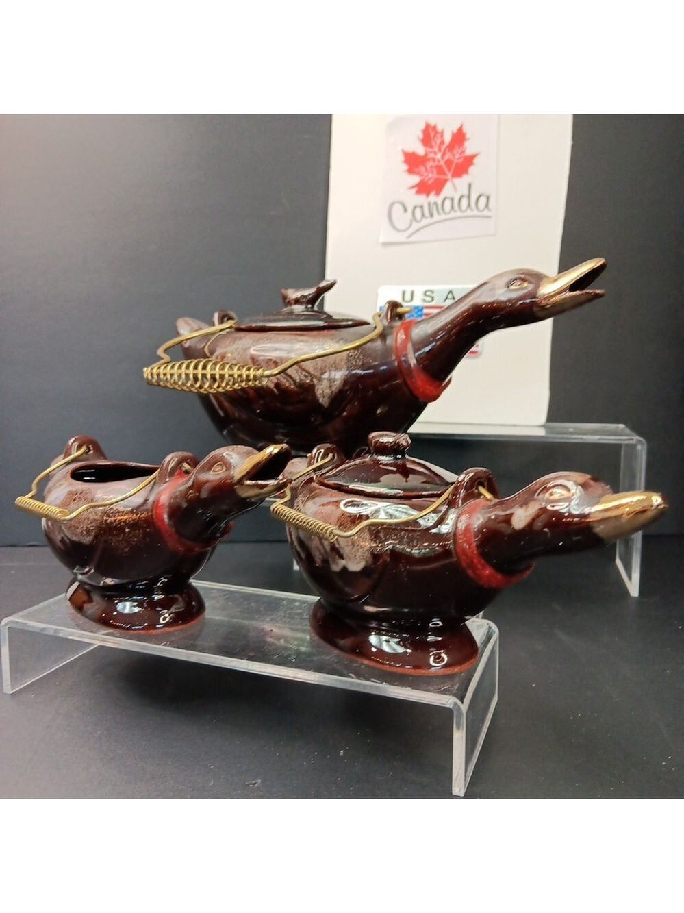 Vintage Japanese Teapot Set With 2 Lids Ducks Geese Birds Metal Handles Redware